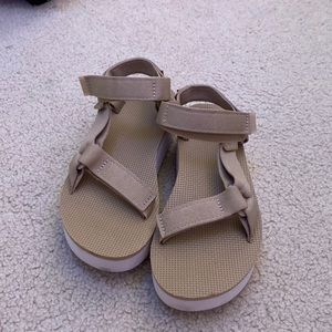 Tan and white Tevas